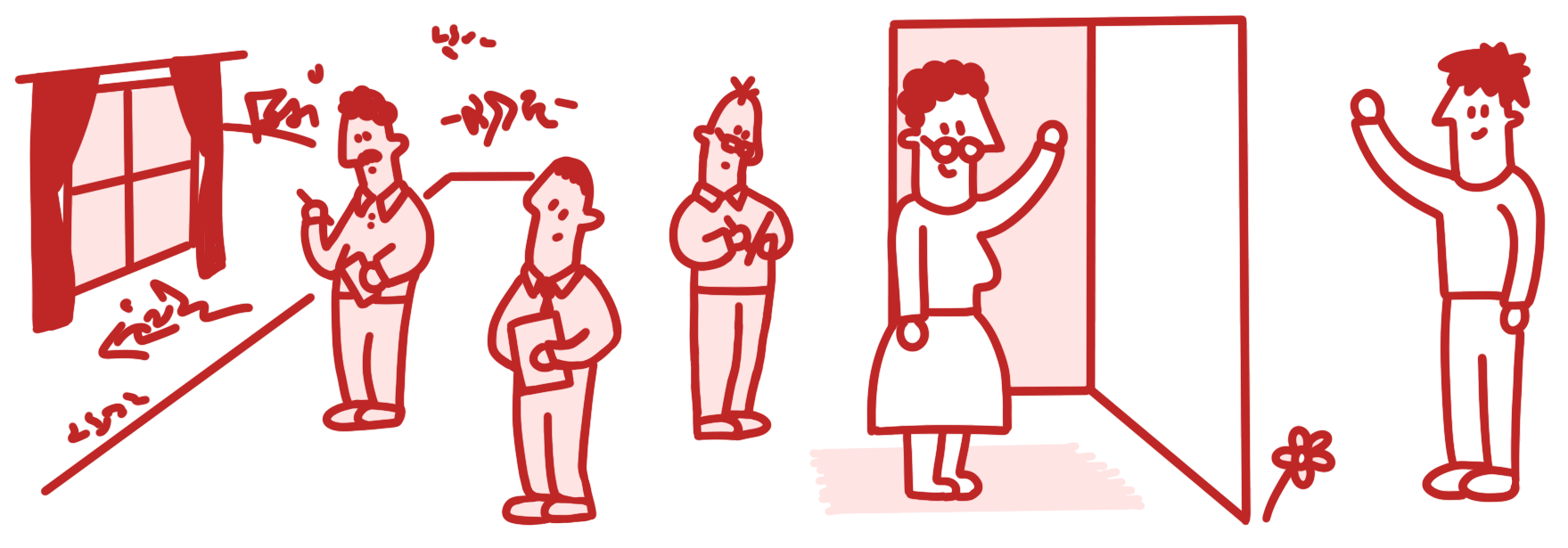 People standing in a woman's house and taking notes