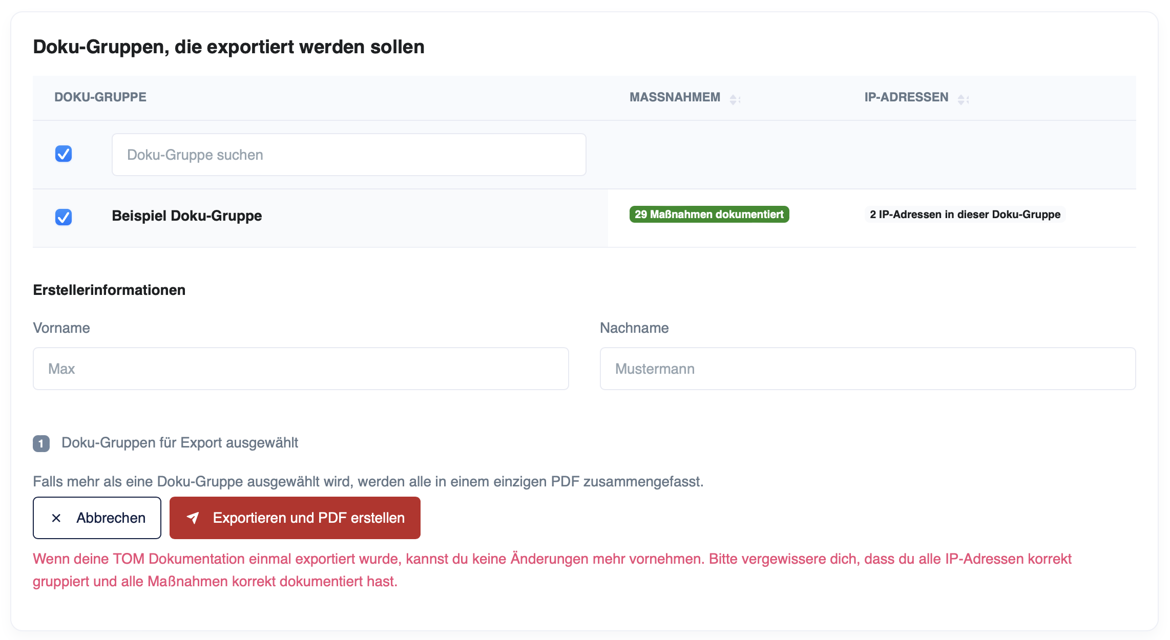 Screenshot Doku-Gruppen exportieren