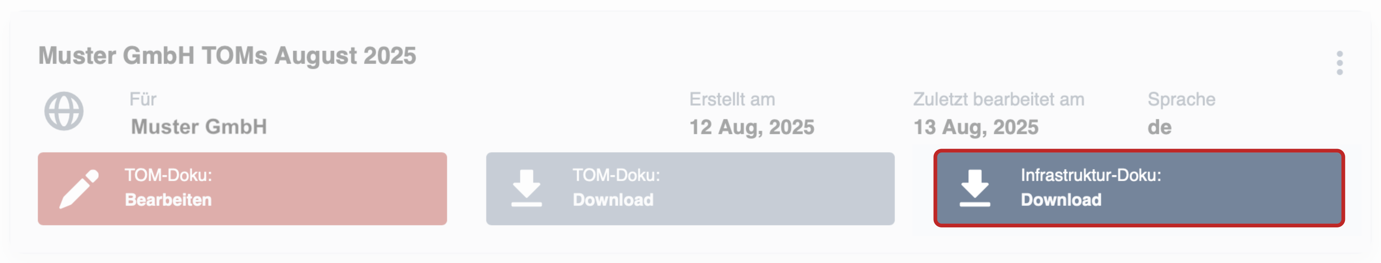 Screenshot einer TOM Dokumentation mit Button für den Download einer Infrastruktur-Doku
